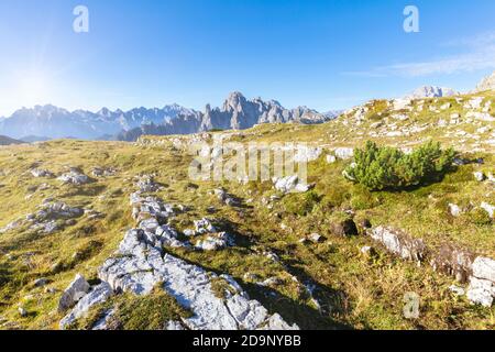 Cadini di Misurina, vista dai dintorni del rifugio Lavaredo, montagne dolomitiche, Auronzo di Cadore, provincia Belluno, Veneto, Italia, Europa Foto Stock