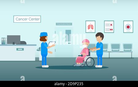 Clinica oncologica con personale medico e vettore di disegno piano del paziente illustrazione Illustrazione Vettoriale