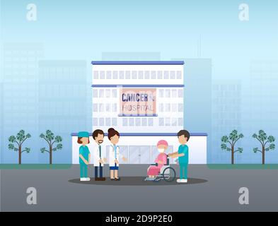 Cancro ospedale con personale medico piano disegno vettoriale illustrazione Illustrazione Vettoriale