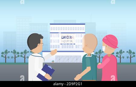 Ospedale per il cancro con medico e pazienti disegno piatto illustrazione vettoriale Illustrazione Vettoriale