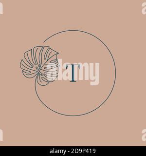 Monogramma a foglia di Monstera in stile lineare semplice e minimale. Vector Exotic Floral Circle Wreath con foglie tropicali per la bellezza, SPA Salon, Creative Illustrazione Vettoriale