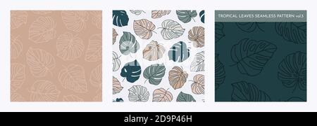 Set di foglie Tropicali di Monstera modello senza giunture. Sfondo floreale vettoriale in stile lineare minimalista e alla moda in colori pastello per la stampa Illustrazione Vettoriale