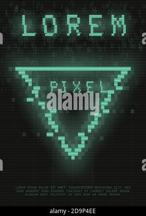 Poster retrovuturistico con un triangolo di pixel cyber glitch. Modello cyberpunk con un triangolo al neon verde olografico con effetto di distorsione. Incandescente Illustrazione Vettoriale