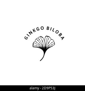 Ginkgo Biloba foglia di erbe biologica badge e icona in stile minimalista alla moda lineare. Logo vettoriale emblema di gingko. Può essere utilizzato modello per imballaggio Cos Illustrazione Vettoriale