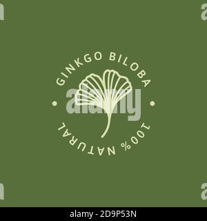 Logo e icona verde foglia di Ginkgo Biloba in stile lineare alla moda Stile - Vector rotondo Logo di gingko 100% naturale Illustrazione Vettoriale