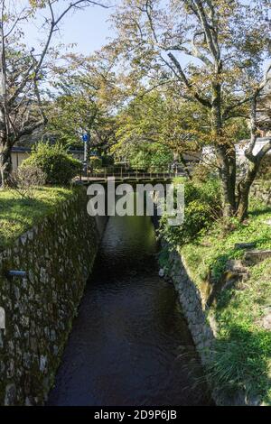 Vista del sentiero dei Filosofi (哲学の道, Tetsugaku no michi), un percorso in pietra lungo un canale attraverso la parte settentrionale del quartiere Higashiyama di Kyoto. Foto Stock