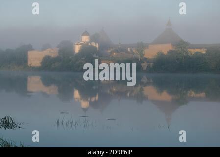 Vista della vecchia fortezza di Ladoga nella nebbia mattutina di giugno. Staraya Ladoga. Regione di Leningrad, Russia Foto Stock