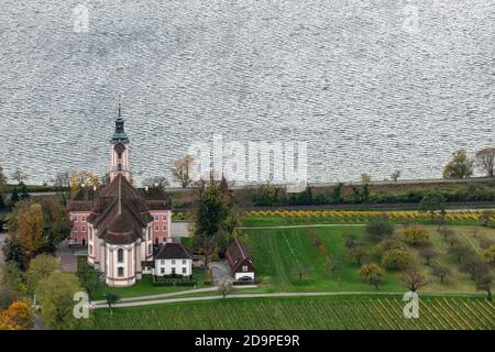 Europa, Germania, Baden-Wuerttemberg, Lago di Costanza, monastero di Birnau, chiesa di pellegrinaggio, cistercensi, dall'alto Foto Stock