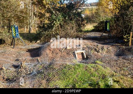 Sfratto di tasso di sdoganamento utilizzando recinzioni metalliche e cancelli di uscita a senso unico, parte del progetto HS2 vicino a Kenilworth, Warwickshire, Inghilterra, - Novembre 2020. Robot di sorveglianza Armadillo Videoguard utilizzati per osservare il sito e rilevare i manifestanti Foto Stock