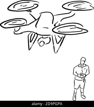 uomo che opera di volo drone vettore illustrazione schizzo doodle mano tracciato con linee nere isolate su sfondo bianco Illustrazione Vettoriale
