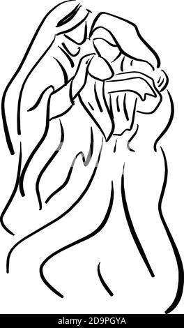 Presepe scena con bambino Gesù, Maria e Joseph illustrazione vettore schizzo doodle mano disegnata con linee nere isolate su sfondo bianco. Illustrazione Vettoriale