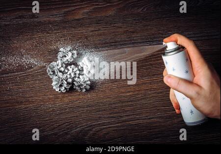 Primo piano vista della mano della persona utilizzando metallo spray neve per spruzzare decorare Natale decorazione coni di pino in inverno, art. Studio shot con studio l Foto Stock