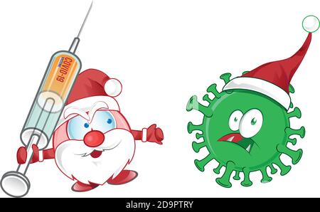 babbo natale mascotte lotta contro il virus corona covid-19 cartone animato sfondo bianco Illustrazione Vettoriale