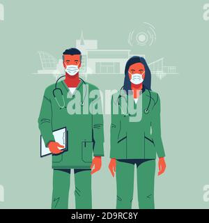 medici uomo e donna in tute mediche con stetoscopi su lo sfondo dell'ospedale Foto Stock