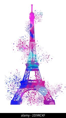 torre eiffel a parigi su dipinto a mano bianco, acquerello, con pallido, spray, spruzzi, colori arcobaleno pastelli Foto Stock