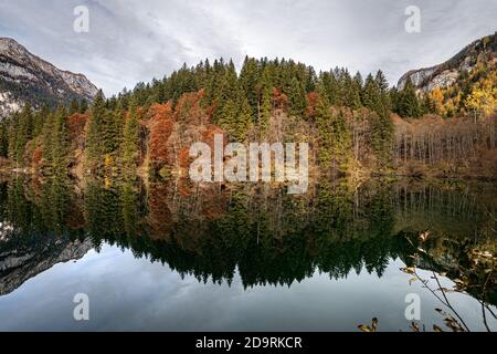 Lago di Tovel, piccolo e bellissimo lago delle Alpi Italiane, Parco Nazionale dell'Adamello Brenta. Trentino Alto Adige, provincia di Trento, Italia, Europa. Foto Stock