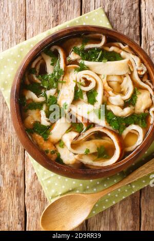 Frittatensuppe zuppa di pancake a fette in un piatto sul tavolo. Vista dall'alto verticale Foto Stock