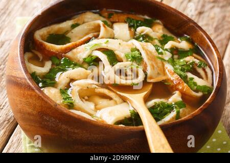 Deliziosa zuppa austriaca e tedesca di pancake da primo piano in un piatto sul tavolo. Orizzontale Foto Stock