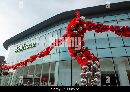 Windsor, Berkshire, Regno Unito. 7 Novembre 2020. Centro commerciale Windsor Yards e Busy Buttons hanno messo in mostra 152 papaveri giganti a Windsor. I papaveri, fatti da paracadute, un segno di speranza, sono stati creati dalle famiglie di militari in servizio nelle Guardie Coldstream e nelle Guardie gallesi, in collaborazione con Busy Buttons CORE beneficenza a Windsor. L'istallione è in commemorazione del giorno dell'Armistizio e sarà in mostra fino al 15 novembre 2020. Credit: Maureen McLean/Alamy Live News Foto Stock