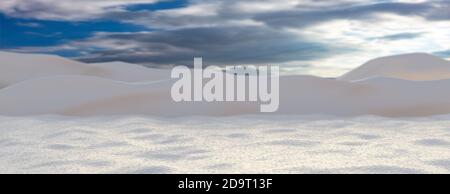 Casa illuminata in paesaggio nevoso, cielo blu nuvoloso. Campo innevato e alberi di Natale, tranquilla vacanza invernale sera sulla montagna. 3d ill Foto Stock