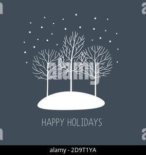 Carta vettoriale con alberi invernali disegnati a mano sotto la neve. Buone vacanze Illustrazione Vettoriale