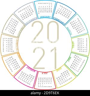 Calendario colorato per il 2021. Design circolare. In formato vettoriale Illustrazione Vettoriale