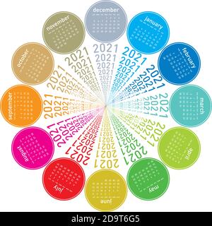 Calendario colorato per il 2021. Design circolare. In formato vettoriale Illustrazione Vettoriale