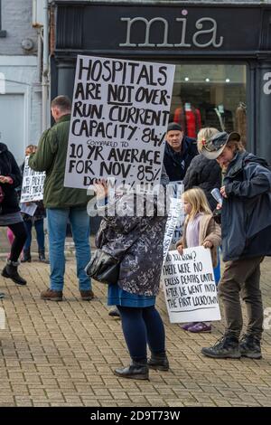 protesta di un anit-government con manifestanti che tengono cartelli a newport sull'isola di wight, regno unito Foto Stock