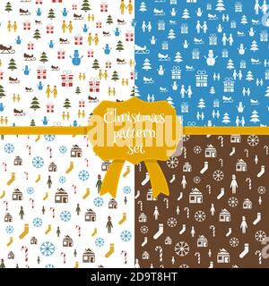 Set di motivi di natale senza giunture in stile cartoon. Icone e modelli di Natale vettoriali. Doodle carte di Natale stile. Illustrazione Vettoriale