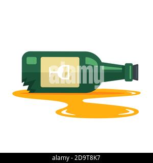 una bottiglia di vino è caduta e si è rotta. puddle di alcol da una bottiglia. vettore piatto illustrazione isolato su sfondo bianco. Illustrazione Vettoriale