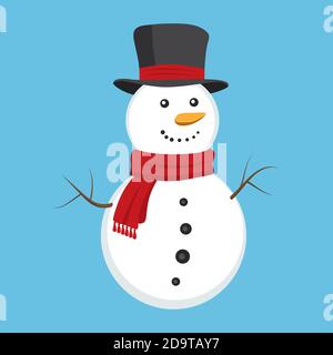 Simpatico pupazzo di neve con sciarpa rossa e cappello nero isolato su sfondo blu. Concetto di inverno e Natale. Illustrazione vettoriale a disegno piatto Illustrazione Vettoriale