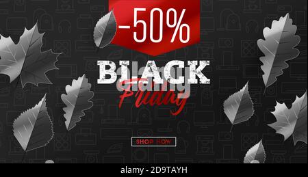 Black Friday sale con foglie autunnali e etichetta rossa al 50% con modello di prodotti elettronici Illustrazione Vettoriale