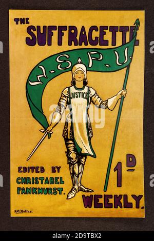 Prima pagina della rivista 'The Suffragette' pubblicata dalla WSPU , replica cimeli relativi al movimento Suffragette in Gran Bretagna. Foto Stock