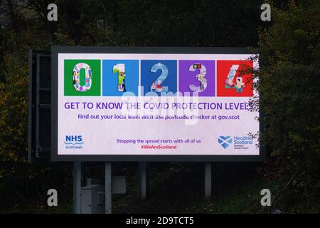 Il sistema dei livelli di blocco a 5 livelli della Scozia, entrato in vigore il 2 novembre 2020 - cartello illuminato - Glasgow, Scozia, Regno Unito Foto Stock