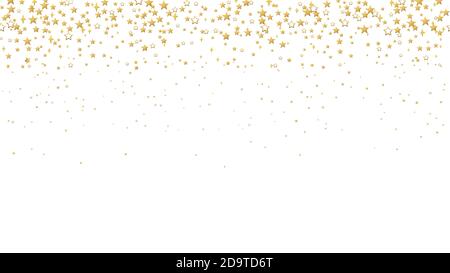 Le stelle d'oro confetti. Senza cuciture motivo orizzontale caduta stellata casuale. Lussuoso luccicante stellare casualmente cadente su sfondo bianco. Capodanno e CHRI Illustrazione Vettoriale