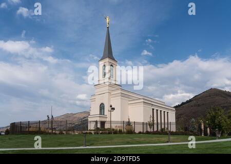 Il tempio di Star Valley Wyoming della Chiesa di Gesù Cristo dei Santi degli ultimi giorni, situato ad Afton, Wyoming. Foto Stock