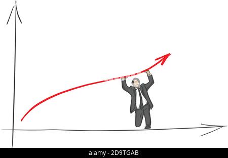 uomo d'affari che alza la freccia rossa con il vettore a due mani illustrazione schizzo doodle mano disegnata con linee nere isolate su sfondo bianco Illustrazione Vettoriale