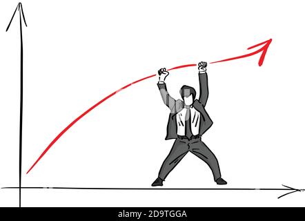uomo d'affari che alza la freccia rossa con il vettore a due mani illustrazione schizzo doodle mano disegnata con linee nere isolate su sfondo bianco Illustrazione Vettoriale