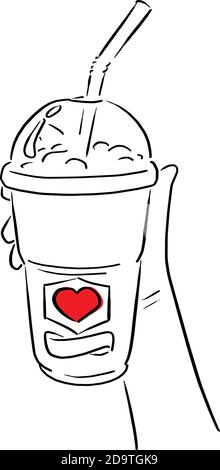 tenere a mano il caffè freddo da asporto con il vettore di segno del cuore rosso illustrazione schizzo doodle mano disegnata con linee nere isolate su sfondo bianco Illustrazione Vettoriale