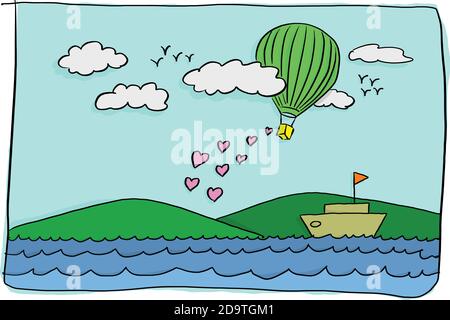 dolce carta valentina di mongolfiera verde volare sopra la barca in mare con vettore a forma di cuore rosa illustrazione schizzo doodle mano disegnata con Illustrazione Vettoriale