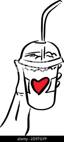 tenere a mano il caffè freddo da asporto con il vettore di segno del cuore rosso illustrazione schizzo doodle mano disegnata con linee nere isolate su sfondo bianco Illustrazione Vettoriale