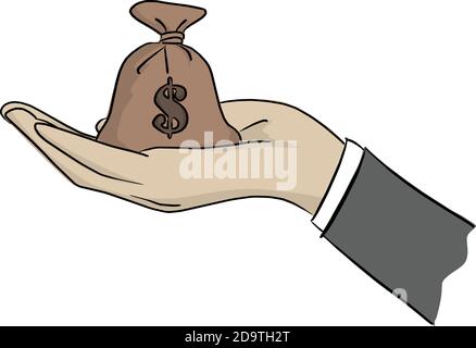 mano di uomo d'affari che tiene la borsa di denaro illustrazione vettoriale con nero linee isolate su sfondo bianco Illustrazione Vettoriale
