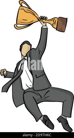 businessman salto con oro trofeo vettore illustrazione schizzo doodle mano disegnata con linee nere isolate su sfondo bianco. Successo aziendale Illustrazione Vettoriale