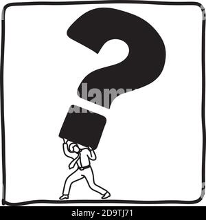 uomo d'affari che tiene grande punto interrogativo vettore illustrazione schizzo doodle mano tracciato con linee nere isolate su sfondo bianco Illustrazione Vettoriale