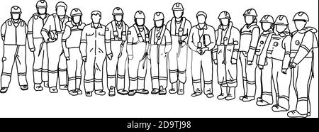 quindici lavoratori in tuta protettiva con cappello sentito in piedi insieme illustrazione vettoriale schizzo doodle mano disegnata con linee nere isolate su bianco ba Illustrazione Vettoriale