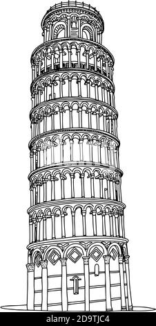 Torre pendente di Pisa in Italia disegno vettoriale doodle disegnata a mano con linee nere isolate su sfondo bianco Illustrazione Vettoriale