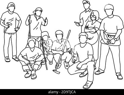 nove persone in gruppo che tengono gli strumenti vettoriali illustrazione schizzo doodle disegnata a mano con linee nere isolate su sfondo bianco Illustrazione Vettoriale