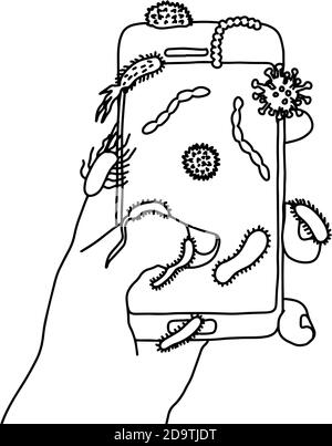 mano che tiene il telefono cellulare con germi vettore illustrazione doodle schizzo disegnata a mano con linee nere isolate su sfondo bianco Illustrazione Vettoriale