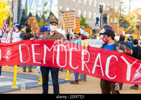 Washington DC, USA 11/06/2020: Un gruppo di socialisti democratici che indossano maschere di rosa si accanono vicino alla Casa Bianca per celebrare la sconfitta di Foto Stock