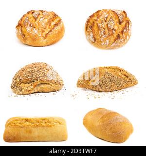 Set di gruppo pane fresco fatto in casa pane normale e grano di pane dieta per alimenti sani da naturale Foto Stock